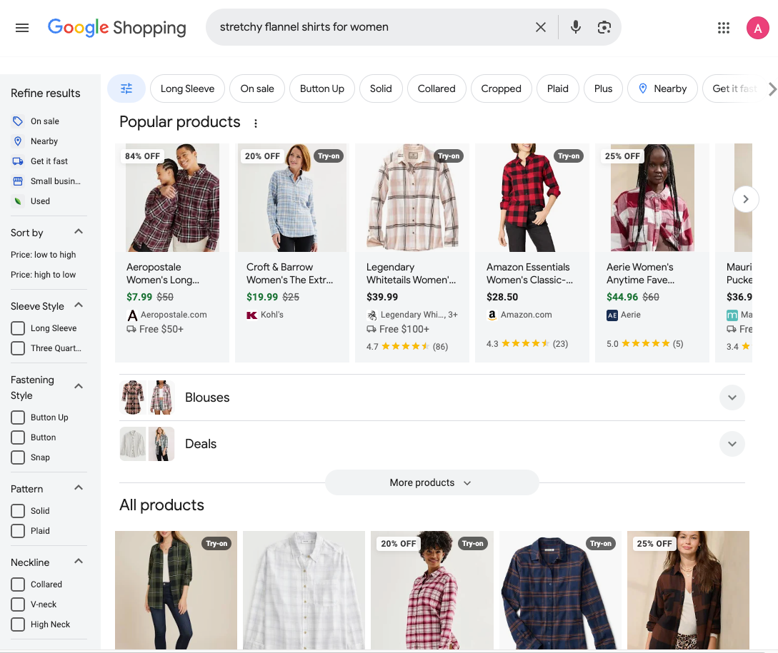 Google Shopping showcases products from multiple retailers with images, prices, and vendor information