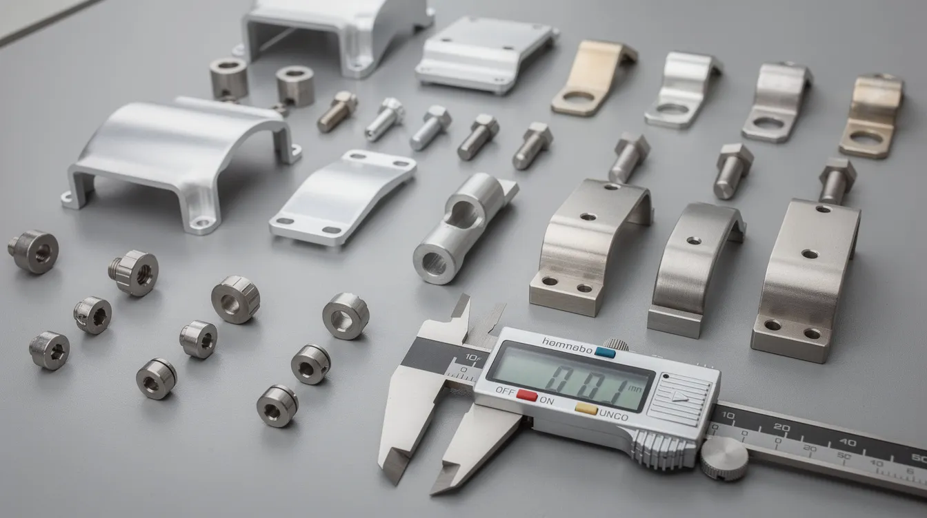 The image features an array of precision-machined metal parts, including aluminum housings and stainless steel brackets, neatly arranged on an inspection table alongside digital calipers, showcasing the high accuracy and attention to detail in metal fabrication. This setup reflects the capabilities of CNC machines in producing components with tight tolerances and excellent surface finish for various industrial applications.