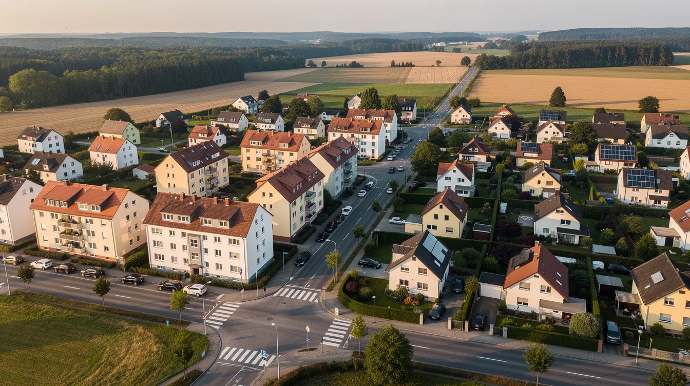 Die Luftaufnahme zeigt eine deutsche Kleinstadt mit einer Mischung aus Mietshäusern und Einfamilienhäusern, umgeben von grünen Flächen. In dieser Stadt wohnen viele Menschen, die möglicherweise Anspruch auf Wohngeld haben, um ihre Wohnkosten zu decken.