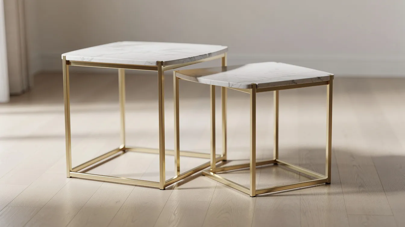 Två eleganta sidobord i mässing med marmorskivor står placerade intill varandra, vilket ger en modern känsla till rummet. Dessa avlastningsbord passar perfekt in i olika inredningsstilar och är både praktiska och stiliga möbler för hemmet.