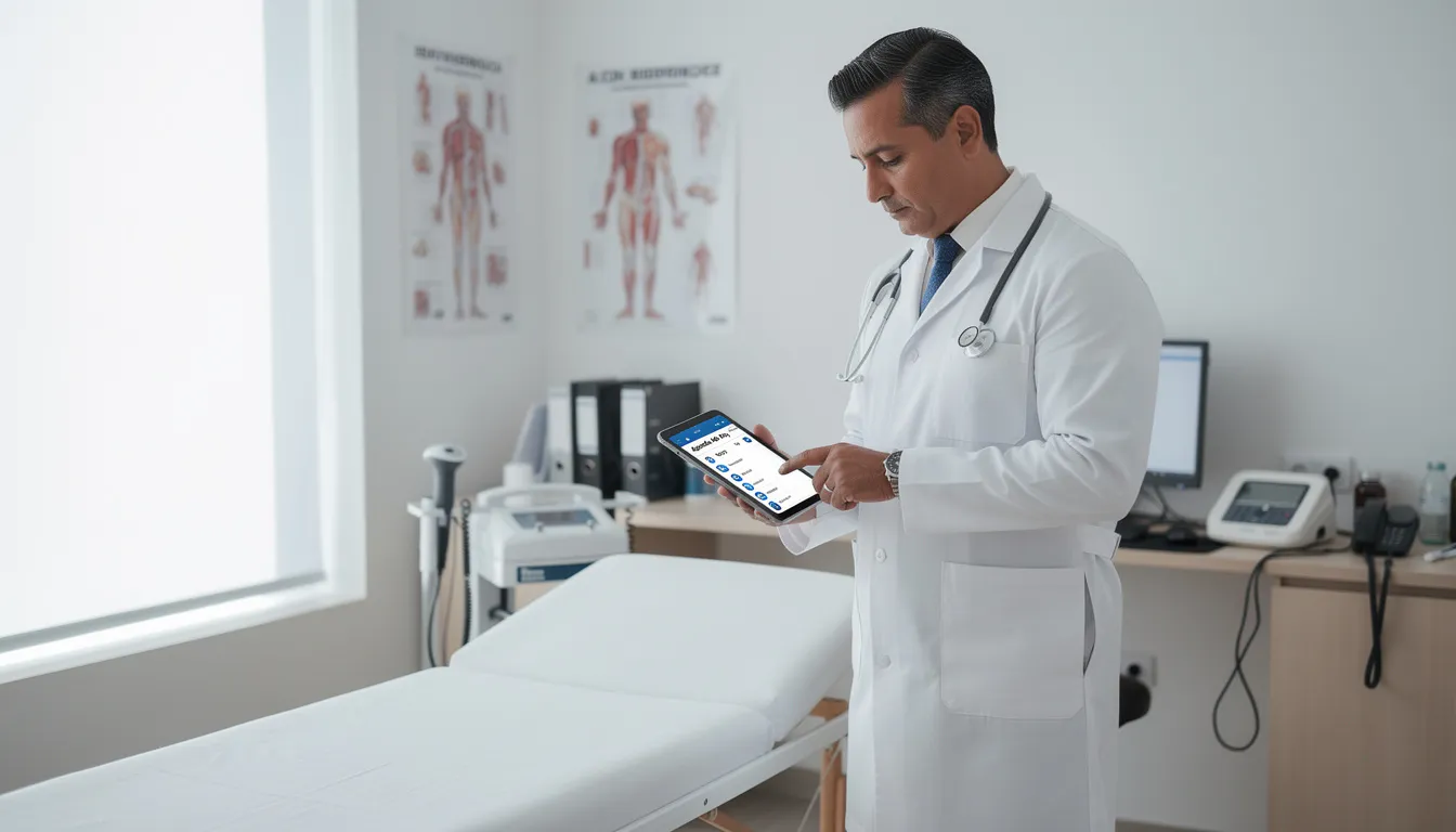 Un profesional médico está revisando una agenda médica digital en su tablet mientras atiende a un paciente en su consultorio. La herramienta le permite gestionar citas, organizar información y optimizar tiempos de espera de manera eficiente.
