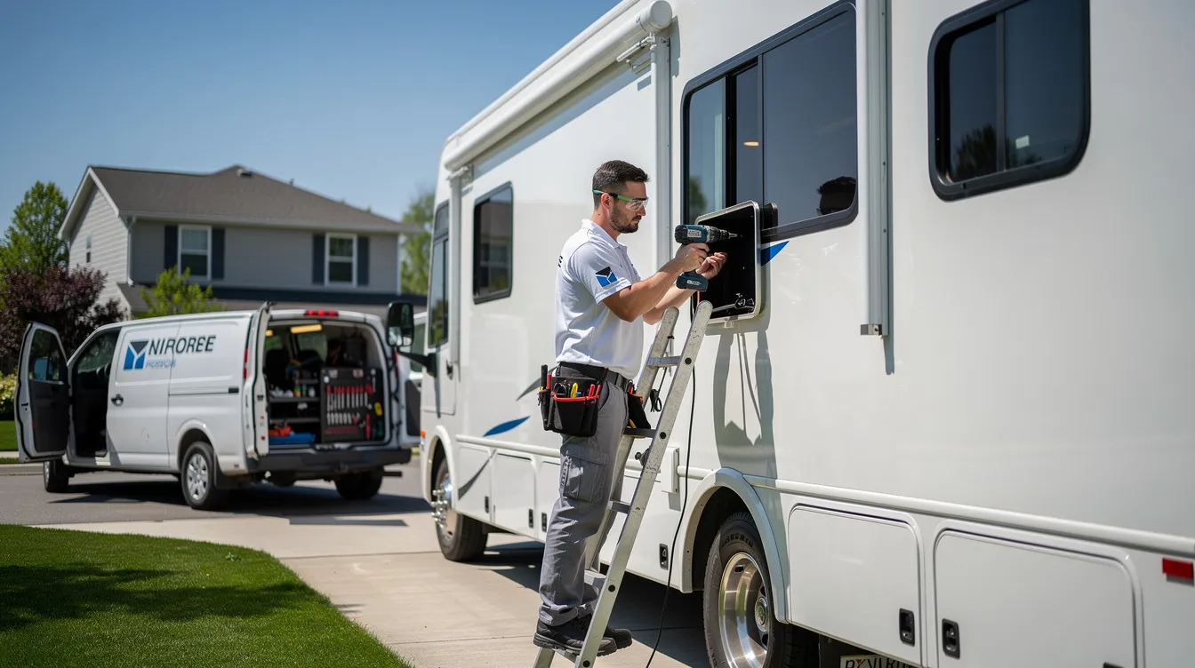 A mobile RV repair technician is diligently working on the exterior of a large recreational vehicle parked in a residential driveway on a sunny day. This professional is equipped with tools, providing essential mobile RV repair services to address any RV issues and ensure proper maintenance for RV owners.