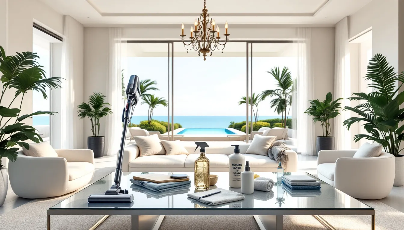 A luxurious villa environment being deep cleaned to maintain cleanliness and elegance.