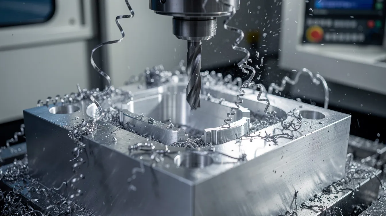A close-up view of a CNC machine actively cutting a cavity into an aluminum mold block, with metal chips flying around, showcasing the precise tooling process involved in the production of complex molds for injection molding. This scene highlights the importance of CNC machining in the rapid prototyping and manufacturing process.