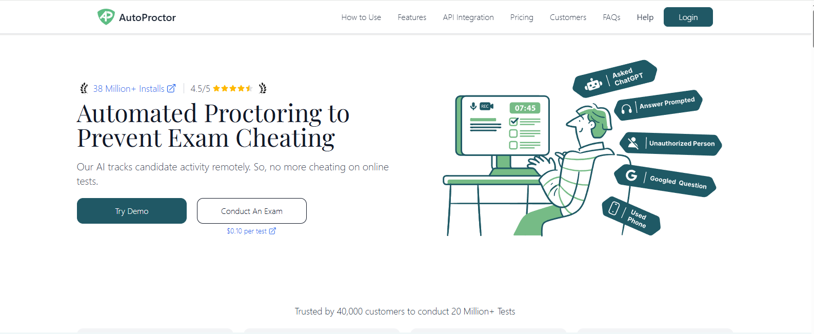 AutoProctor homepage showcasing AI-powered online proctoring software with automated exam monitoring, cheating detection, and secure remote assessment capabilities.