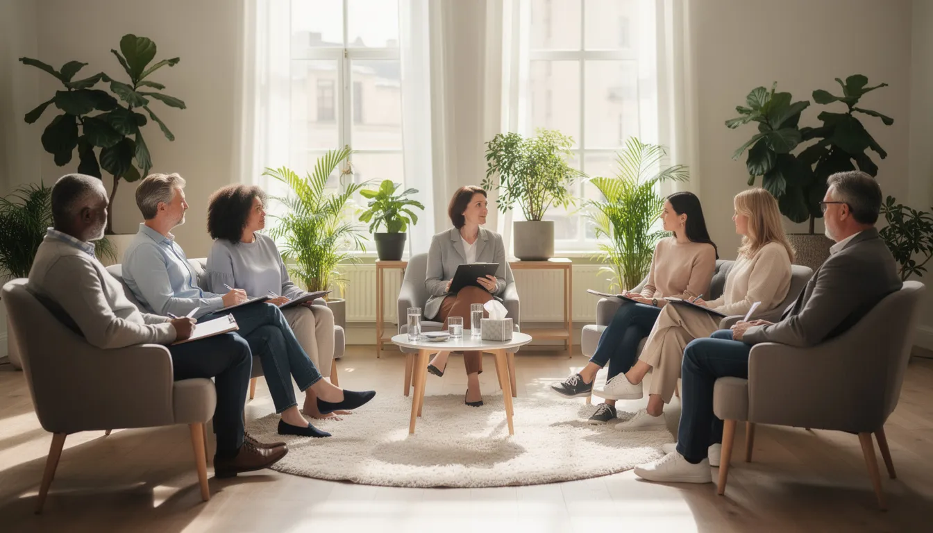 The image shows a diverse group of adults sitting in a circle during a therapy session in a bright and comfortable room filled with plants, highlighting the supportive environment of inpatient rehabilitation. This setting reflects the importance of therapy services in helping patients regain their functional abilities and progress in their recovery process.