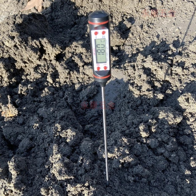 Digital asphalt thermometer measuring asphalt temperature