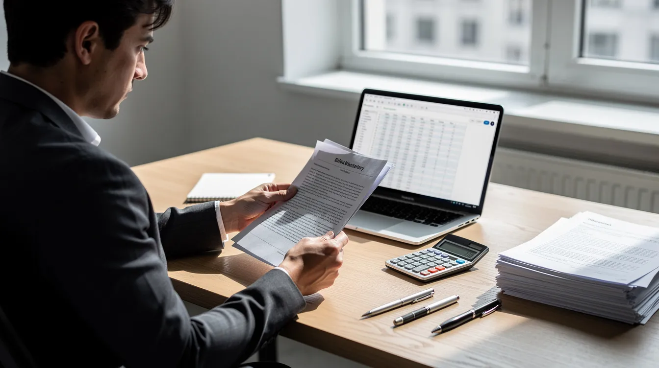 A person is seated at a wooden desk, reviewing paperwork related to home equity loans, with a laptop and calculator positioned nearby, suggesting they are assessing financial options like monthly payments and interest rates for potential home improvements or debt consolidation.