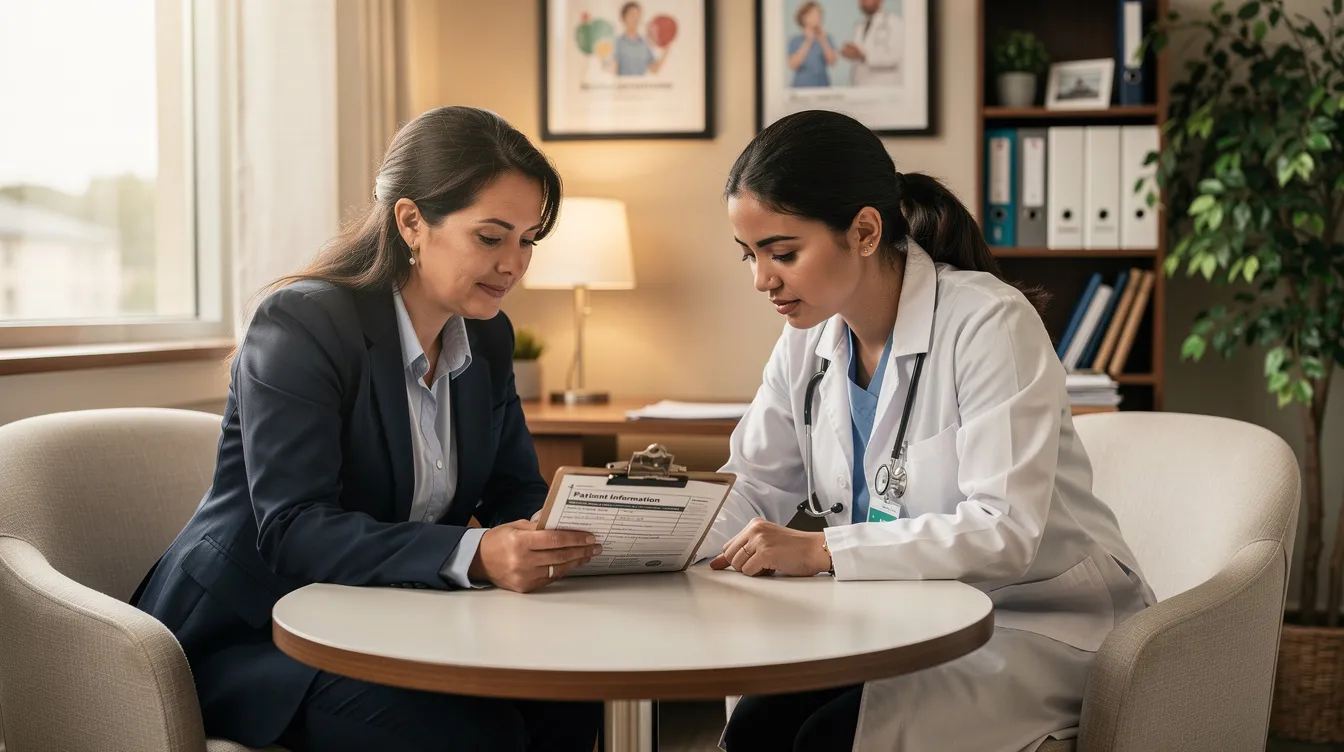 In a welcoming office setting, a clinician and a patient are collaboratively reviewing paperwork related to mental health services. This scene highlights the importance of understanding health insurance coverage for therapy and mental health treatment options.