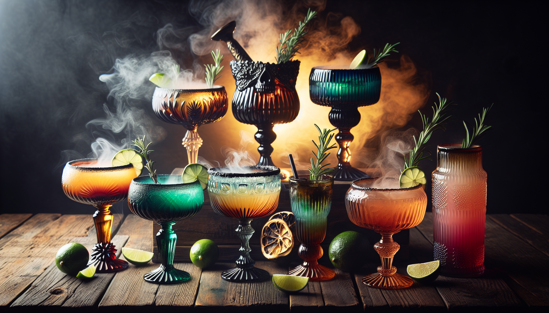 Various Smoky Margarita cocktails with vibrant colors.