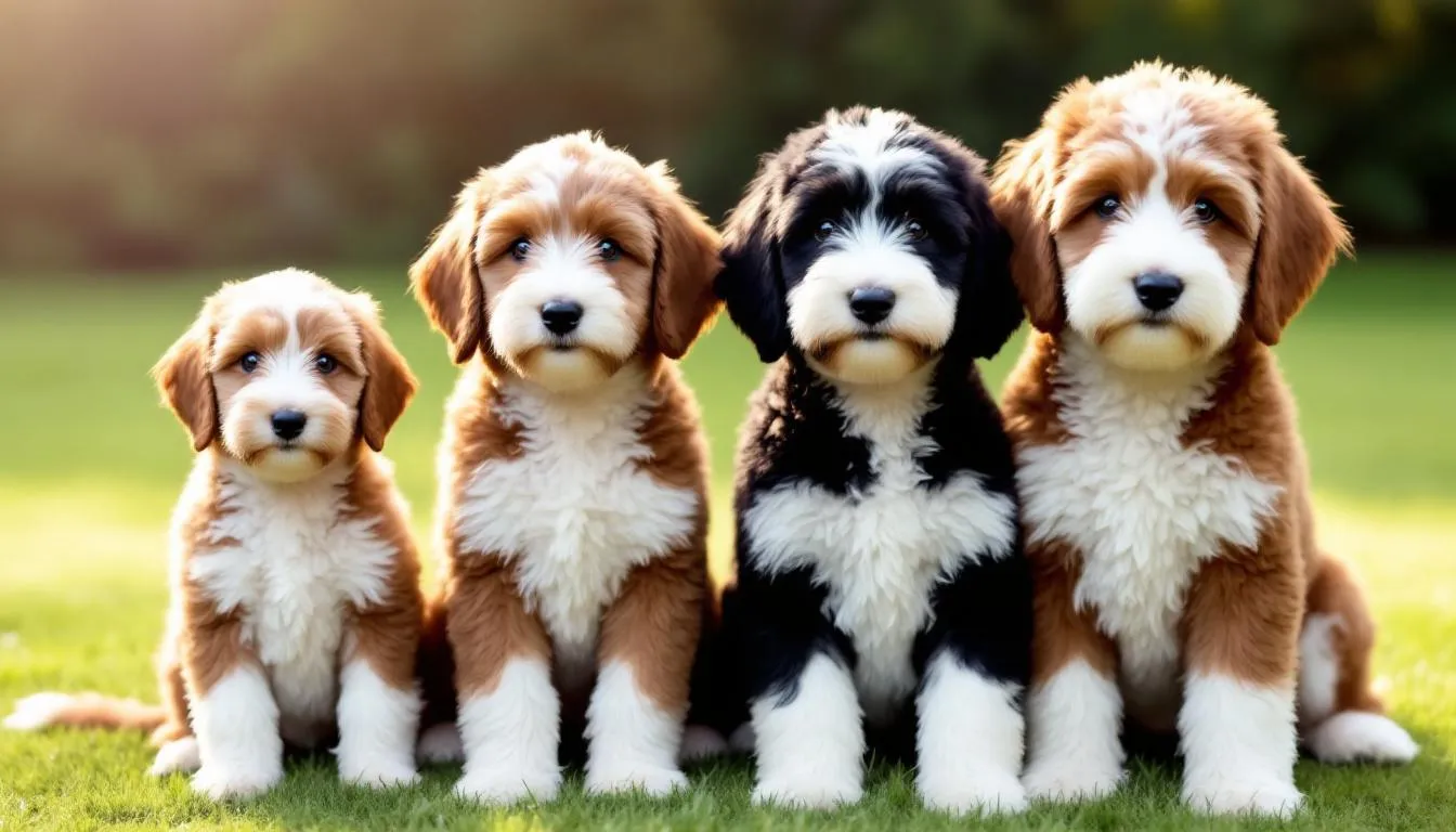 A family photo captures four bernedoodles of varying sizes, from a small toy bernedoodle to a larger standard bernedoodle, all sitting together with their curly coats glistening. This image showcases the diversity within the bernedoodle breed, highlighting the playful nature and gentle disposition of these beloved family dogs.
