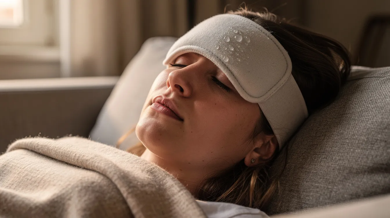 A person is resting with a soft cold compress gently placed on their forehead, indicating a recovery period after a CO2 laser treatment. The coolness of the compress helps soothe the treated skin, which may experience visible redness and a sunburn-like sensation during the healing process.
