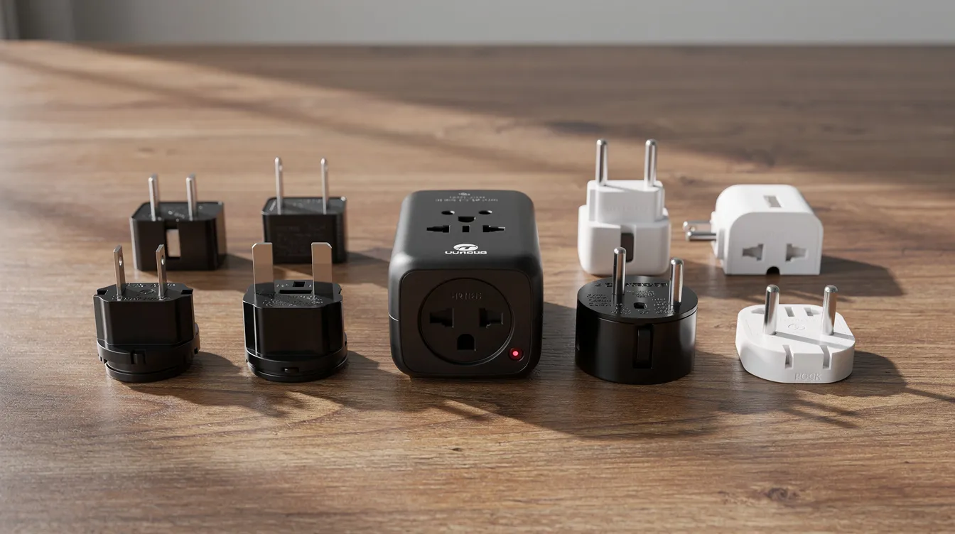 The image displays a travel adapter kit featuring various plug configurations, including type C and type E, arranged neatly on a wooden table. This kit is essential for travelers to Morocco, as it allows compatibility with local electrical outlets and ensures safe operation of dual voltage rated appliances and chargers.