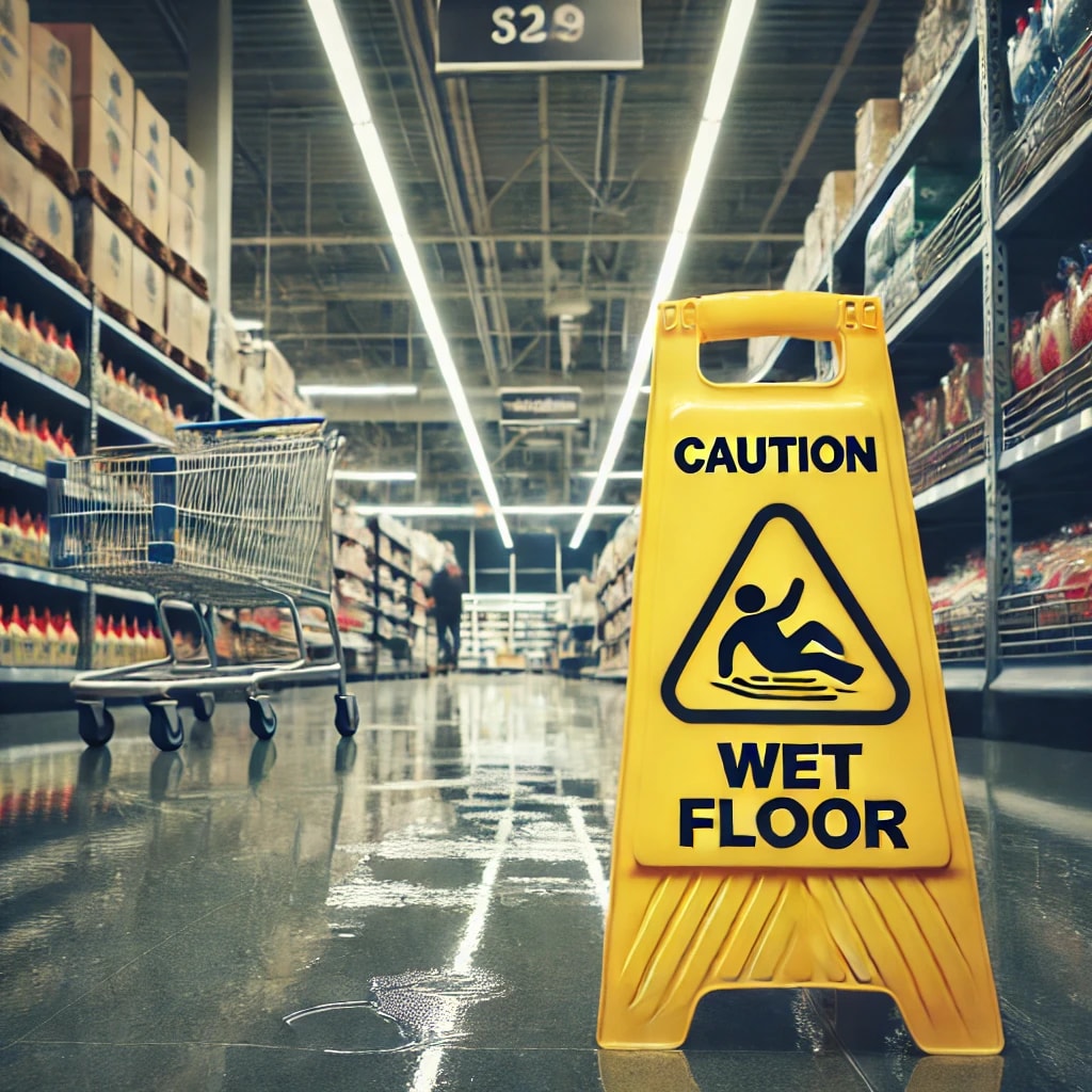 Caution sign on a wet floor in a supermarket to prevent slip and fall accidents.