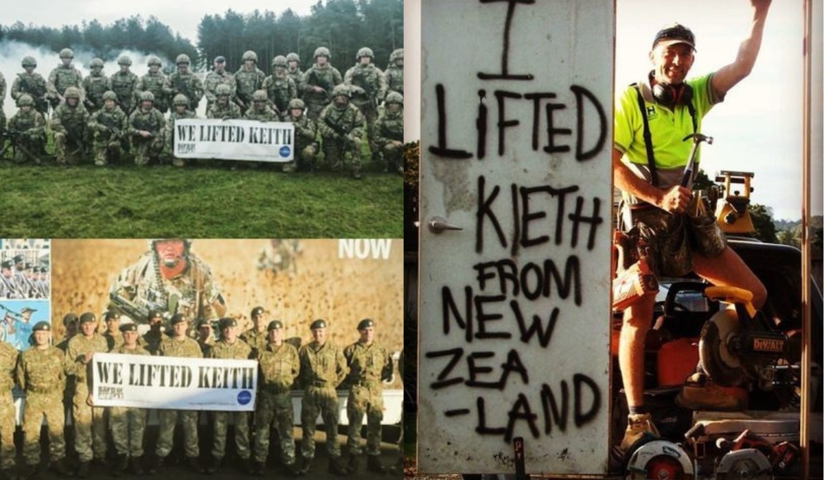 Band of Builders - image lockup showing groups holding 'Lifted Keith' banners