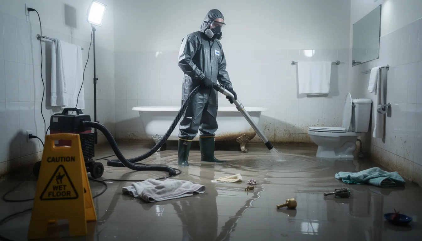 A professional restoration technician in protective gear is using modern extraction equipment to remove water from a flooded residential bathroom, ensuring the affected area is safely cleared of waste and debris. This service is crucial for effective sewage removal and restoration, providing customers with the very best service in Austin, TX.