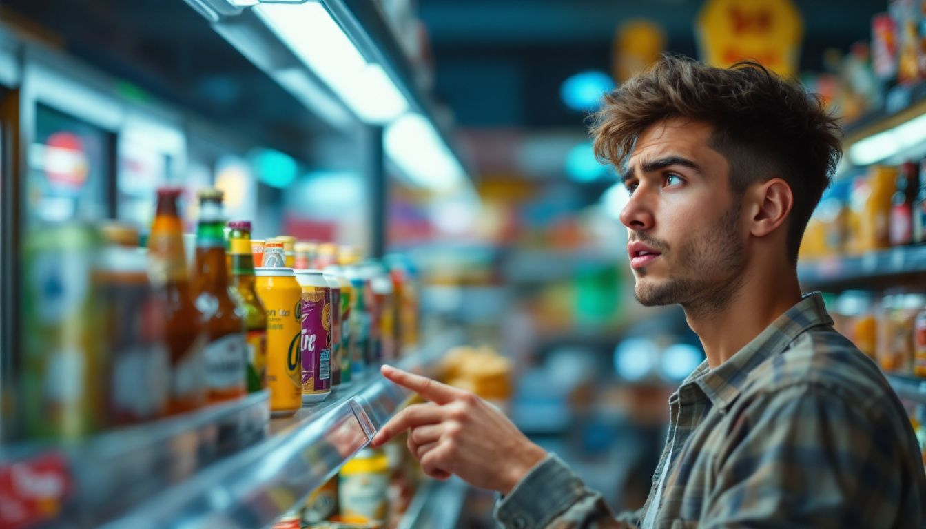 A young adult contemplating whether they can buy non-alcoholic beer, with a blurred store shelf in the background.