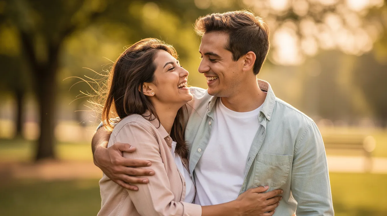 A happy couple shares a loving relationship, showcasing physical affection and emotional intimacy as they enjoy quality time together. Their interaction reflects mutual respect and open communication, highlighting the importance of emotional support and personal growth in a committed relationship.