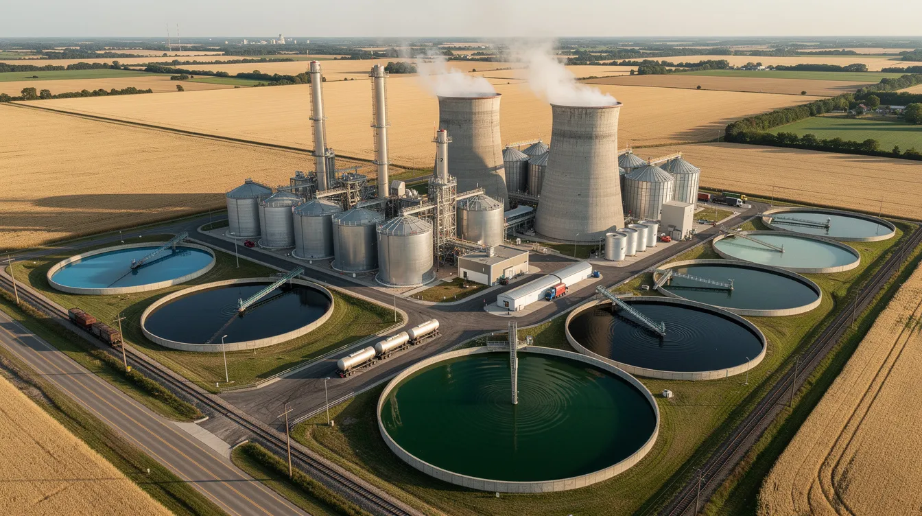 788faa42 97c0 400c a1b8 8e196218e0b5 An aerial view of a large grain-based ethanol distillery showcases its cooling towers and water treatment ponds, highlighting the facility's role in ethanol production. This image reflects the critical processes involved in managing water consumption and wastewater treatment within industrial applications, emphasizing the importance of sustainable practices in the ethanol industry.