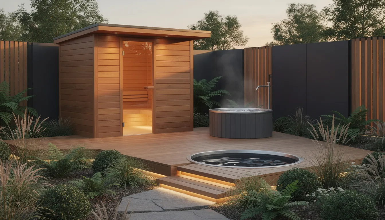 An outdoor wooden sauna cabin is situated on a deck, accompanied by a cold plunge tub, all surrounded by lush natural landscaping and privacy screens, creating a serene wellness retreat. This sauna offers a modern design and utilizes infrared technology for effective heat therapy, enhancing relaxation and promoting health benefits.