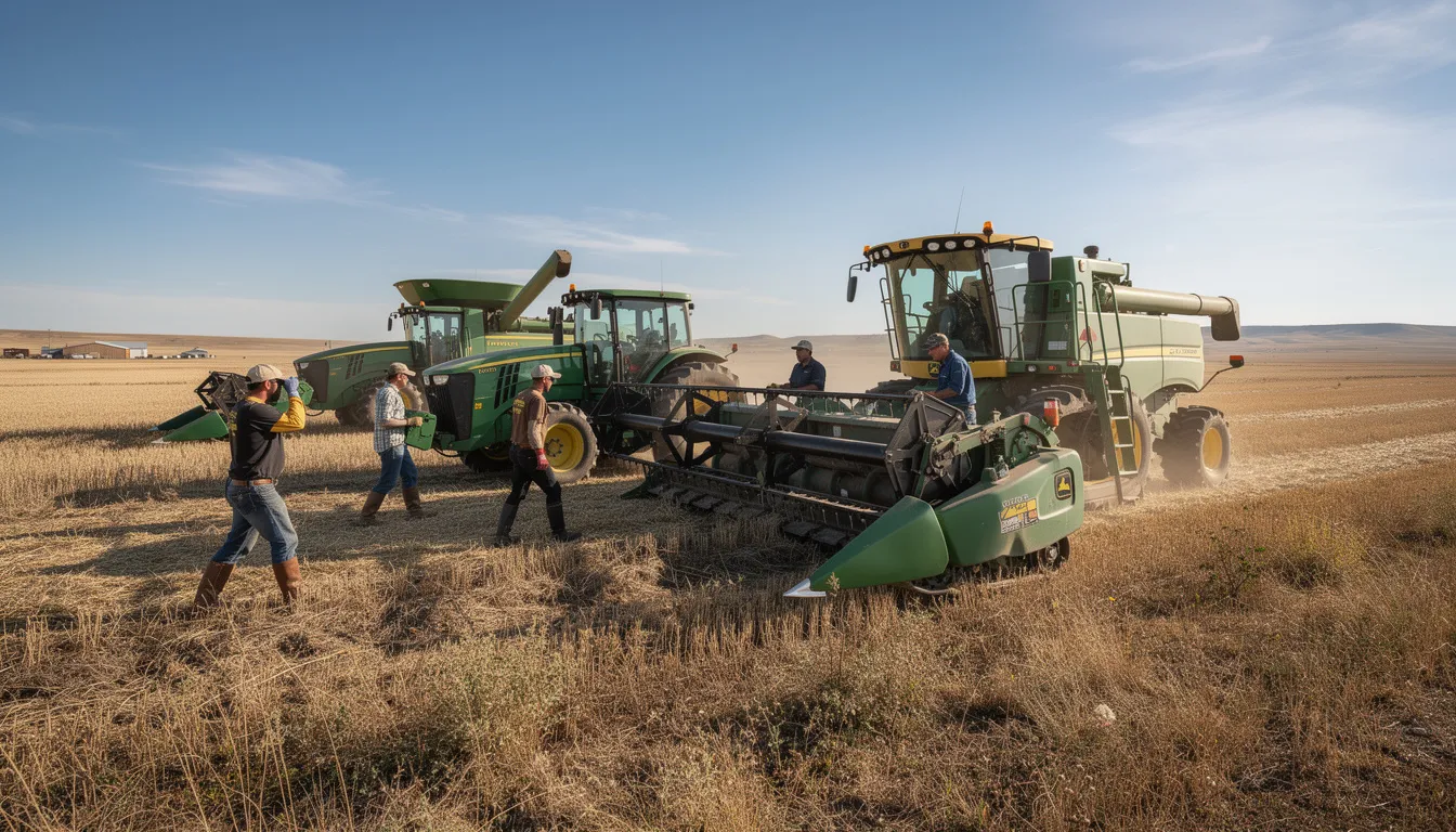 The image depicts agricultural workers in eastern Colorado skillfully operating various farm machinery amidst vast fields. This scene highlights the importance of workers' compensation benefits for injured workers, who may face workplace injuries that could lead to lost wages and medical expenses.