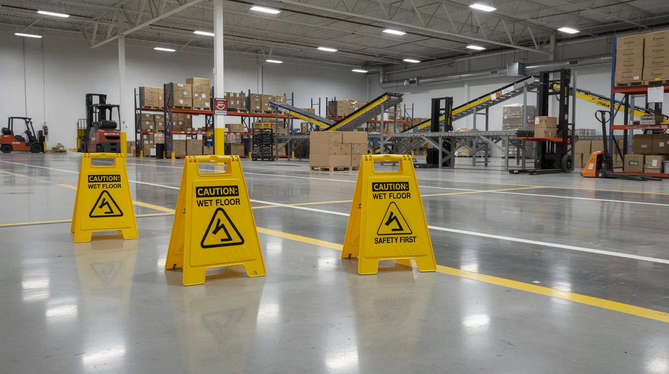 The image depicts a warehouse floor filled with industrial equipment and various caution signs, emphasizing safety in a work environment. This scene highlights the importance of workplace safety measures, especially for injured workers navigating the workers compensation process.