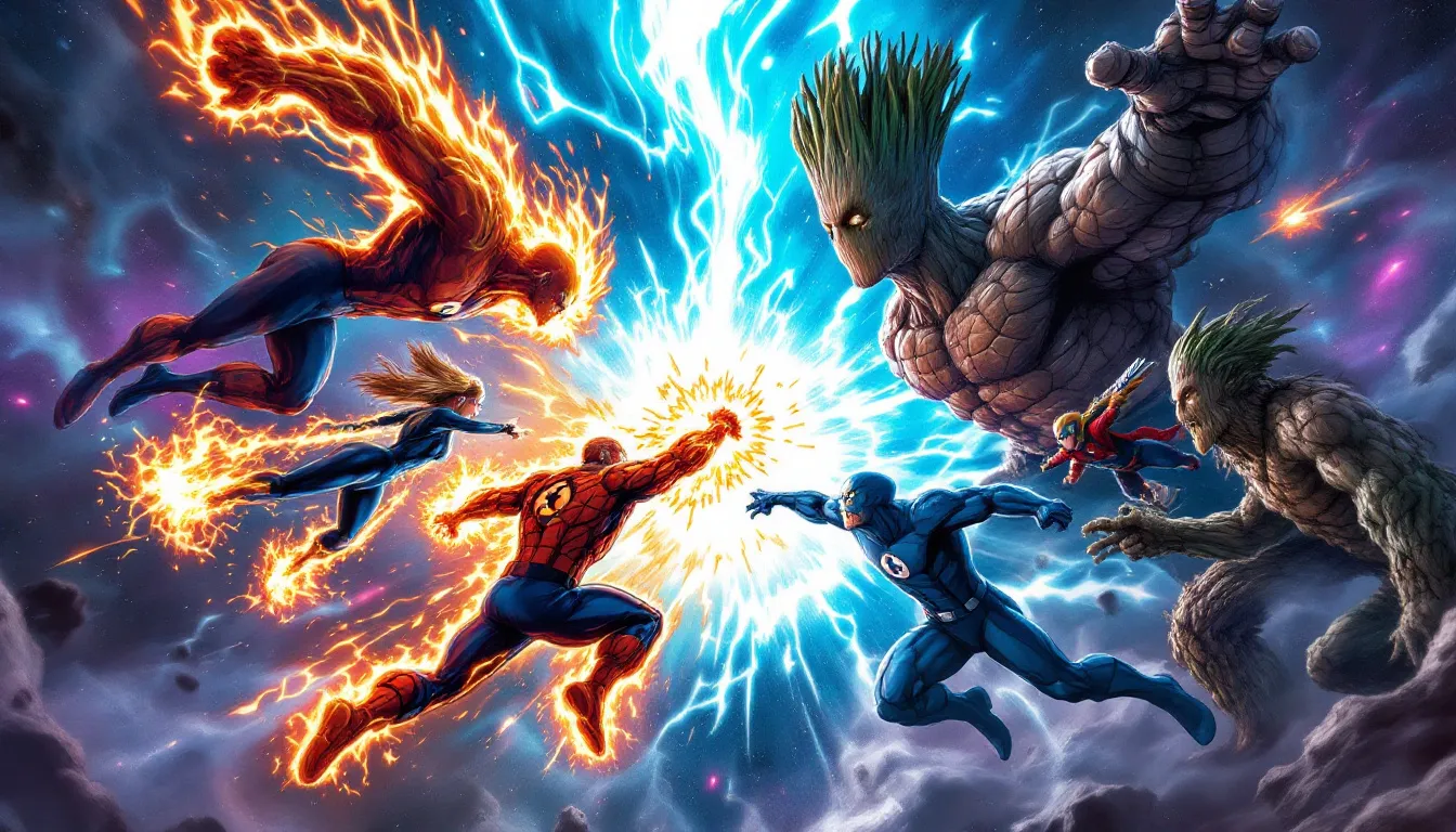 An illustration depicting the origins of the Fantastic Four and Guardians of the Galaxy in the Marvel universe.