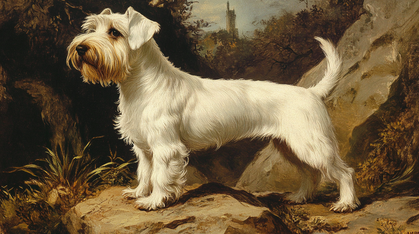 An historical image of the Sealyham terrier standing on rugged hunting terrain