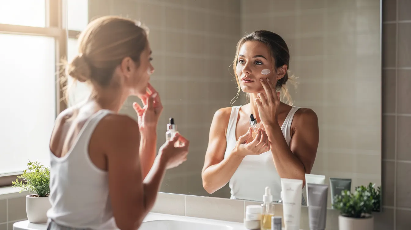 A woman is applying skincare products in front of a mirror, surrounded by soft natural lighting that highlights her skin's texture. She is likely focusing on her skincare routine, possibly using creams or serums with active ingredients like vitamin C and hyaluronic acid to enhance her skin's appearance and reduce dark spots.