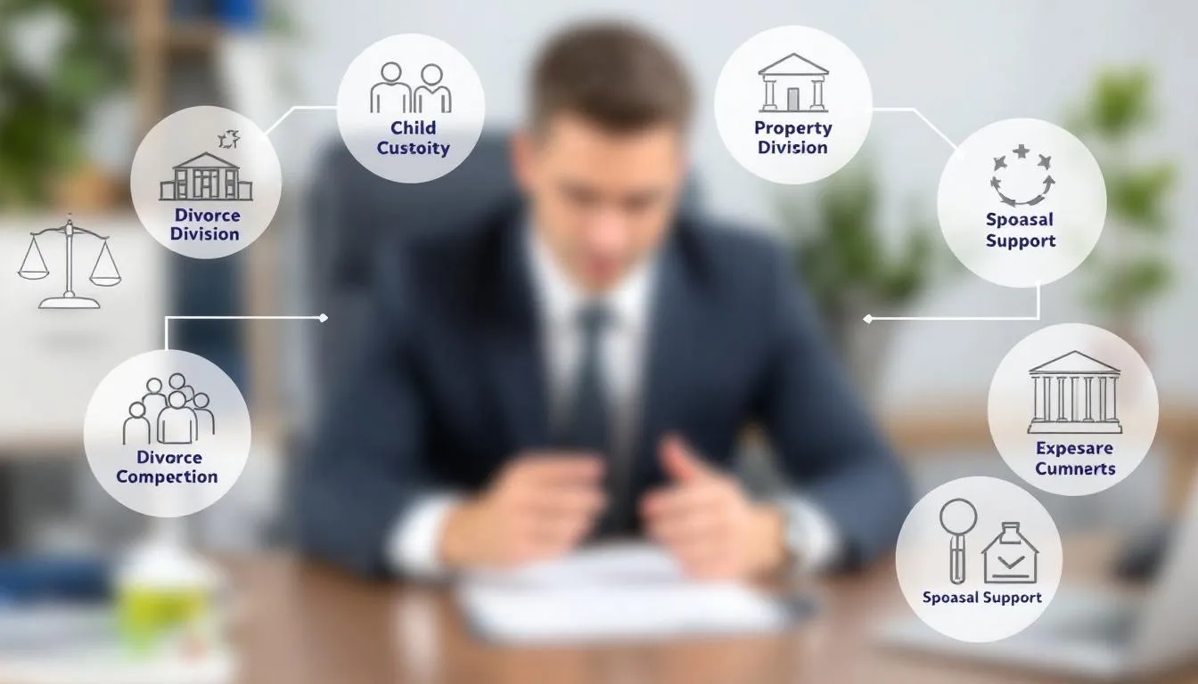 An overview of different types of divorce lawyers, including a blurred image of a divorce attorney in action.