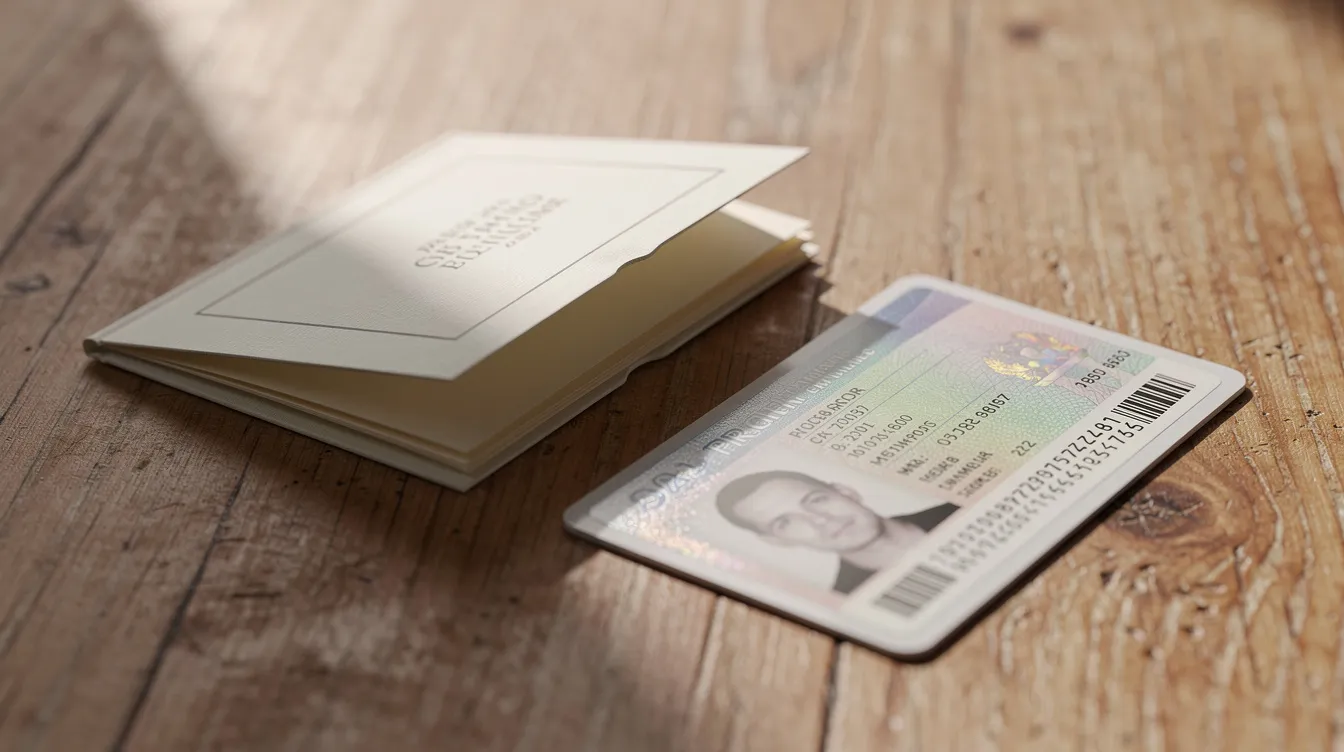 The image shows a paper booklet, representing an international driving permit, placed next to a regular driver's license card on a wooden table. This setup highlights the essential documents needed for international travelers to drive legally in foreign countries, ensuring compliance with local driving laws and regulations.