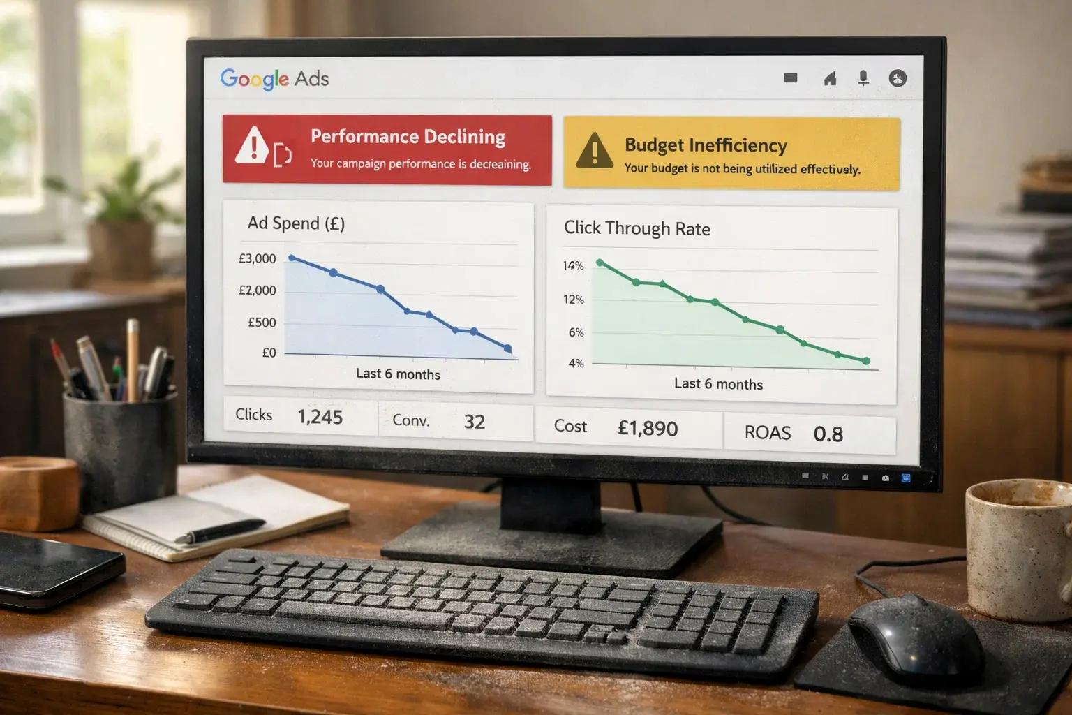 Neglected PPC campaign dashboard showing declining performance and rising costs in pounds