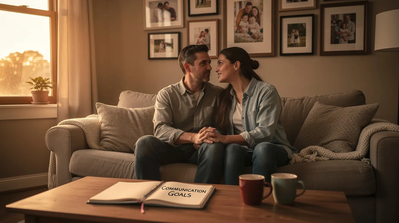 The image depicts a married couple sitting together in a cozy living room, engaged in a heartfelt conversation, symbolizing the importance of communication in preventing divorce. They are surrounded by family photos, illustrating a commitment to their relationship and the effort required to manage marital problems through marriage counseling and quality time together.