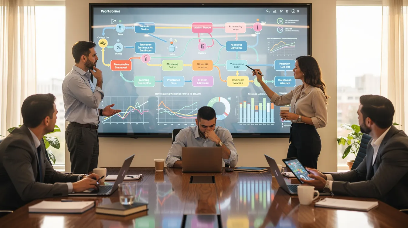 A diverse team collaborates around a large digital display, which showcases intricate workflow diagrams and data visualizations, highlighting the importance of AI tools and governance in enhancing operational efficiency. The scene emphasizes the role of responsible AI adoption and the potential risks associated with unauthorized AI use in the workplace.