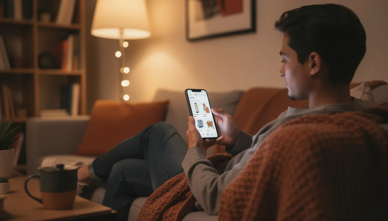 Kuvassa henkilö selaa älypuhelimellaan verkkokauppaa mukavassa kodin ympäristössä, mikä luo hyvän asiakaskokemuksen. Asiakkaan kokemus syntyy, kun hän voi helposti löytää haluamansa tuotteet tai palvelut.