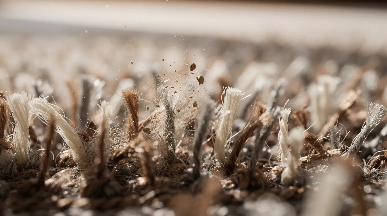 Close-up of carpet fibers with visible dust in natural light.