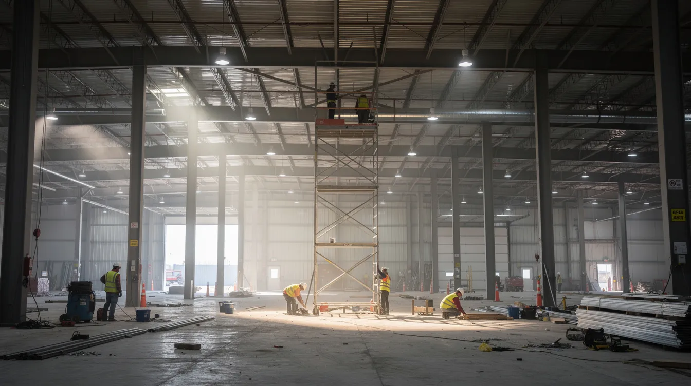 The image depicts an industrial warehouse interior under construction, featuring workers actively engaged in various tasks and scaffolding set up throughout the space. This scene reflects the ongoing construction activity and demand within the construction industry, highlighting the skilled labor required for such complex projects.
