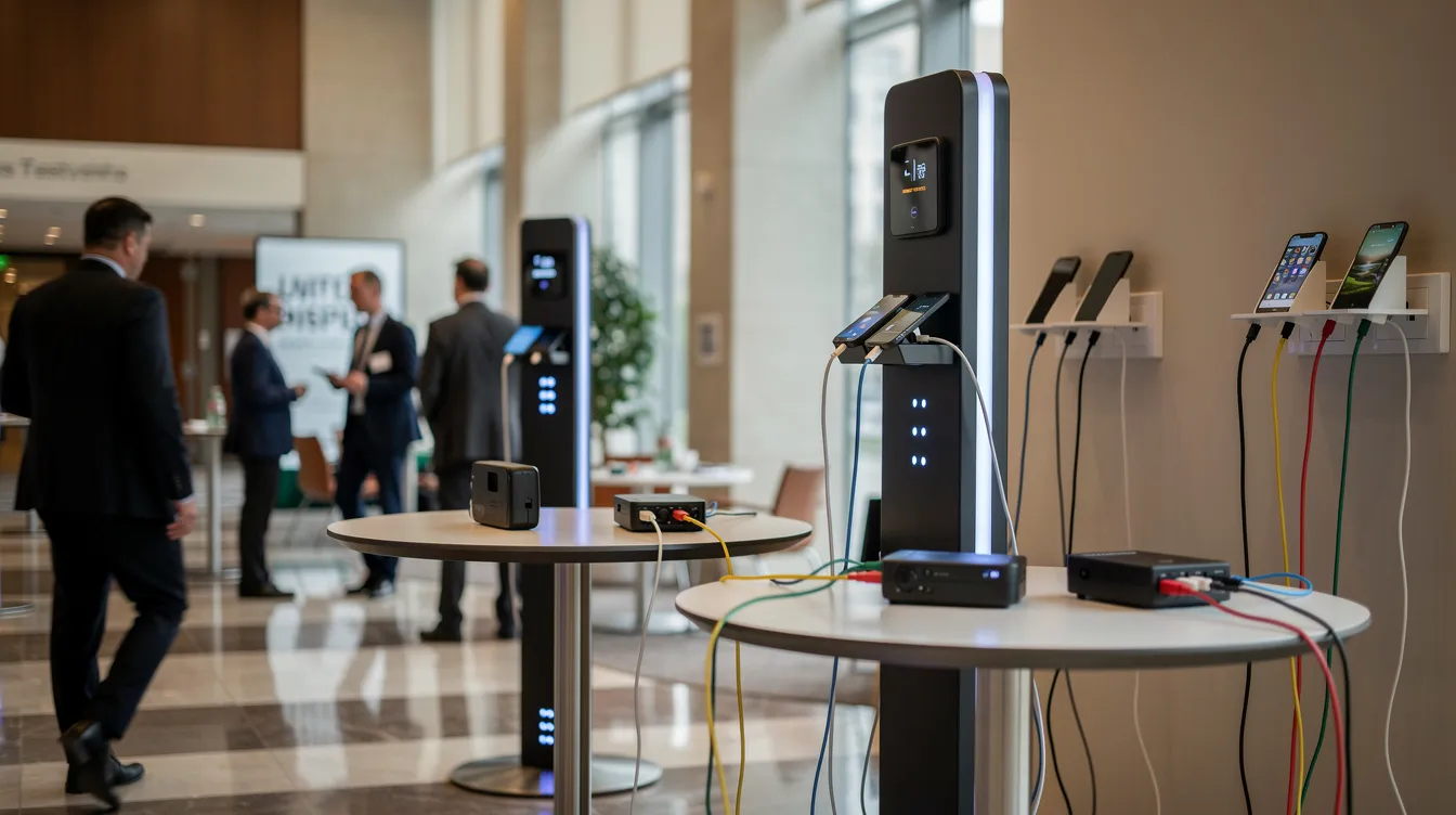 The image shows several types of phone charging stations, including kiosks and lockers, set up in a bustling conference hall lobby where people are walking past. These charging stations feature multiple ports for various mobile devices, providing a valuable service to keep guests connected during corporate events and trade shows.