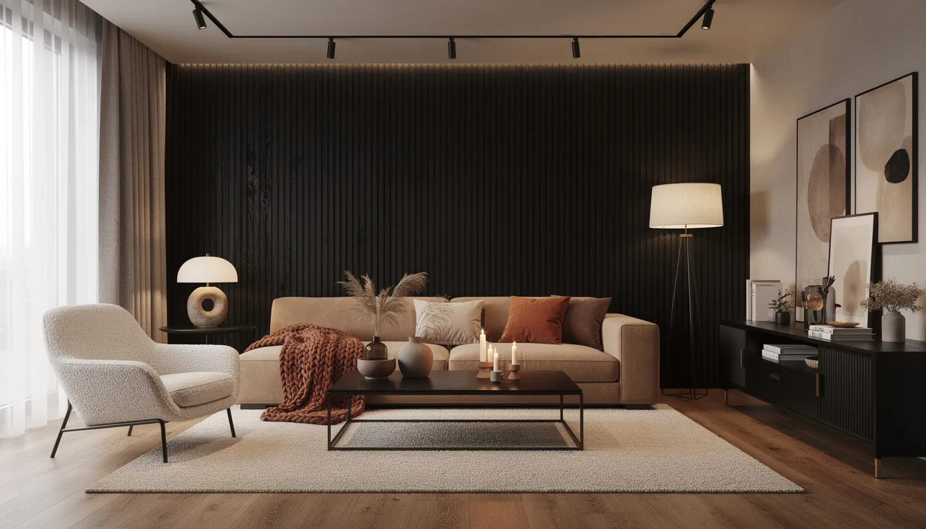 Een complete woonkamer met een zwart houten wandpaneel van zwart eiken, luxe meubels en sfeervolle verlichting, die een stijlvolle uitstraling en warme accessoires combineert in een Nieuwe Sfeer stijl. Het akoestisch wandpaneel zorgt voor een elegante en tijdloze uitstraling, terwijl het ook bijdraagt aan het akoestisch comfort van de ruimte.