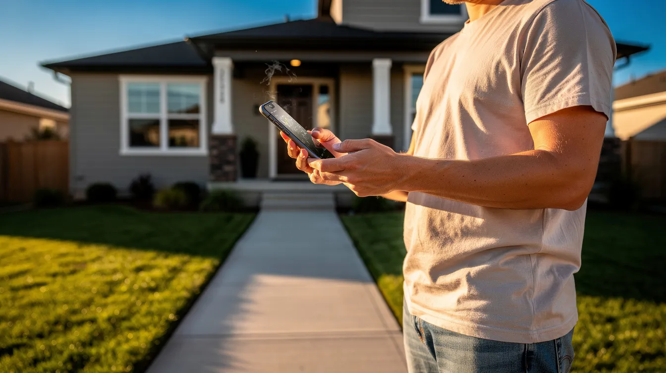A person is standing outside a house in bright sunshine, holding a smartphone and possibly checking their Google Business Profile or looking for HVAC services. The scene captures the essence of local SEO strategies in the Orlando area, emphasizing the importance of a strong online presence for HVAC companies.