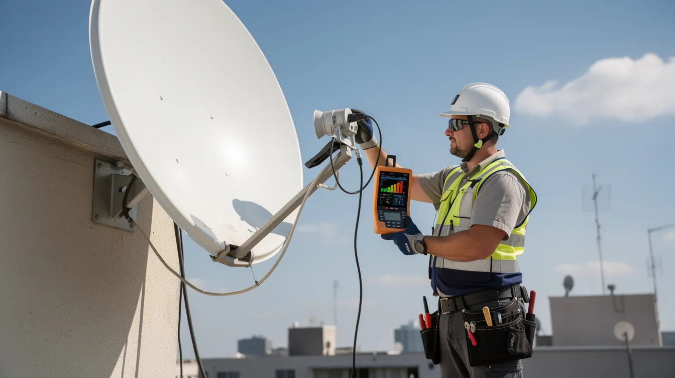 A technician is carefully using a professional signal meter to align a satellite dish, ensuring optimal signal reception for a DSTV installation. This scene highlights the importance of professional installation services in Claremont for uninterrupted viewing and quality entertainment.