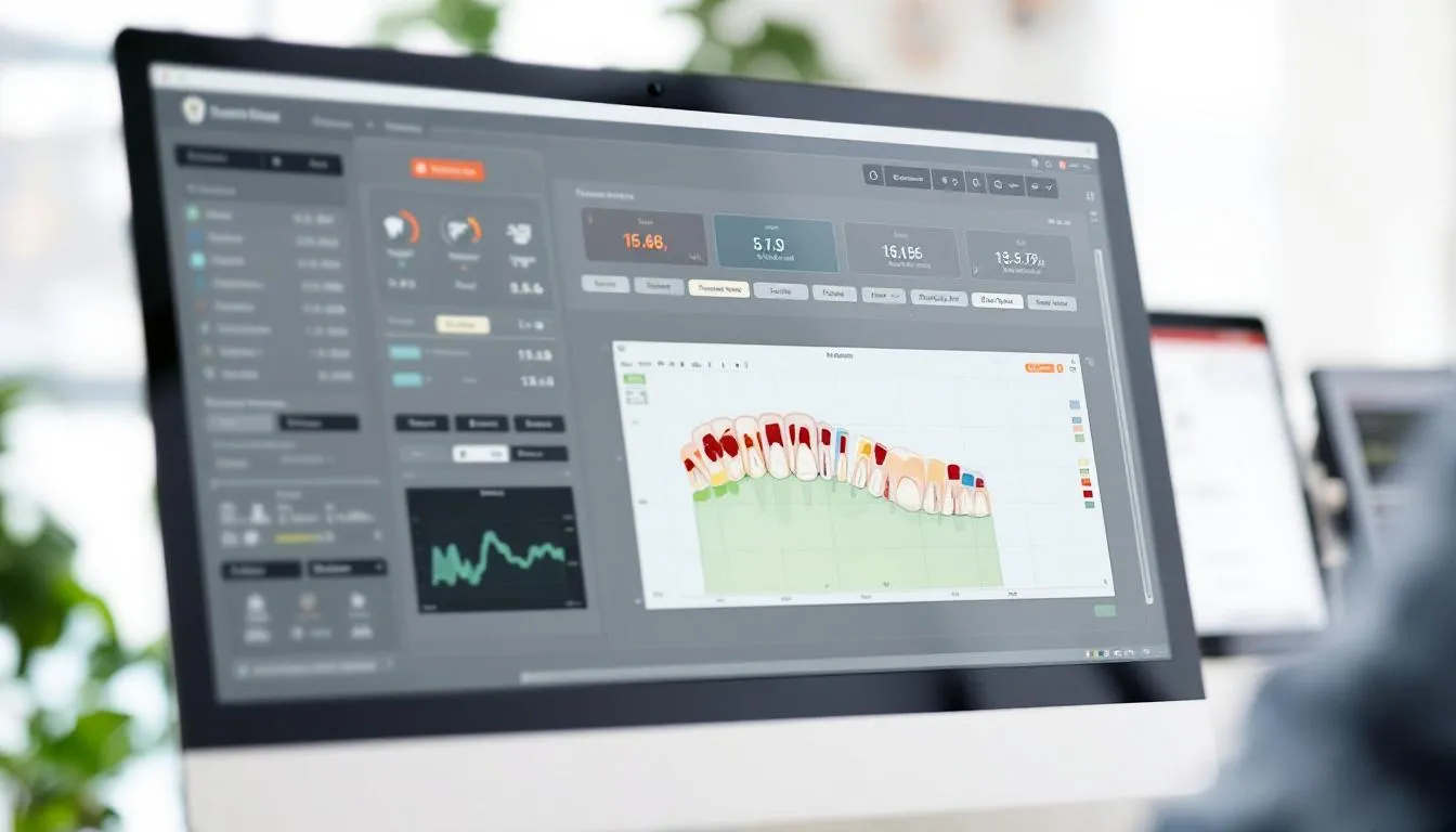 . La imagen muestra una pantalla de computadora que exhibe un software dental, donde se visualiza un periodontograma digital que representa el estado de las encías y los dientes de un paciente. Este instrumento es fundamental para el diagnóstico y seguimiento de la salud periodontal, proporcionando información sobre la profundidad de las bolsas periodontales y otros parámetros relevantes para la evaluación de enfermedades periodontales. .