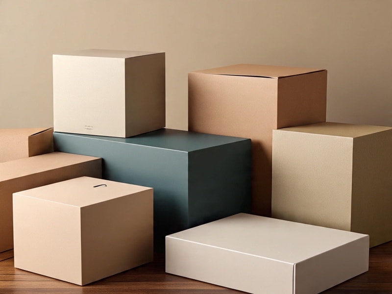 An image of plain minimalist cardboard boxes in soft neutral colors, neatly arranged on a wooden floor.