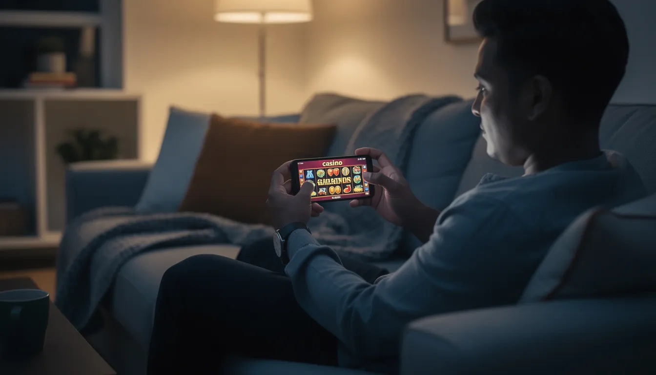 En person spelar casino på sin smartphone i en avslappnad hemmiljö, omgiven av komfortabla möbler. Denna miljö erbjuder en perfekt plats för att njuta av spel hos Chanz casino, med möjlighet till live casino och spännande slots.