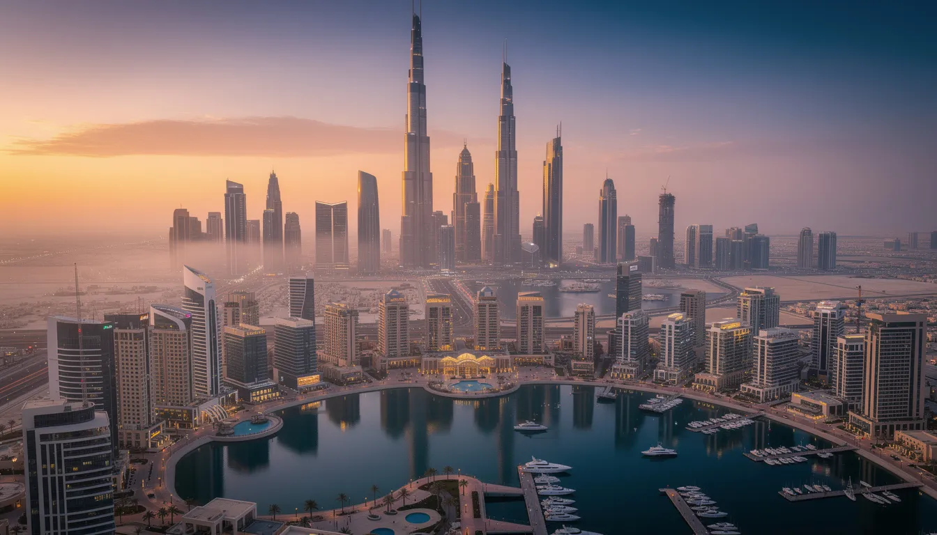 Une vue aérienne de Dubaï au coucher du soleil montre ses gratte-ciels modernes illuminés, entourés par la marina scintillante, symbolisant le luxe et l'essor économique des Émirats Arabes Unis. Cette image évoque également le cadre de vie des expatriés et les opportunités d'investissement dans un environnement fiscal attractif.