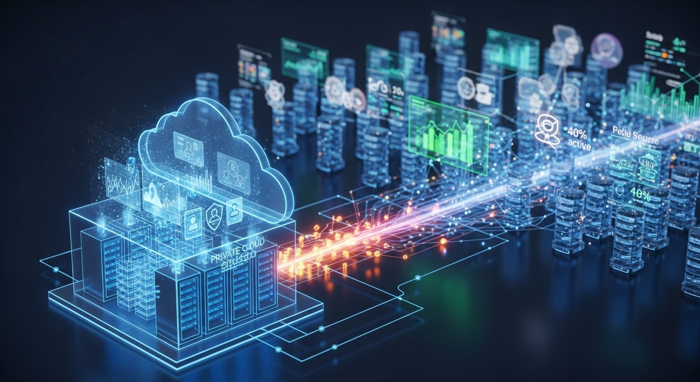 Hybrid cloud visualization showing sensitive data secured in private cloud and scalable apps running in public cloud.