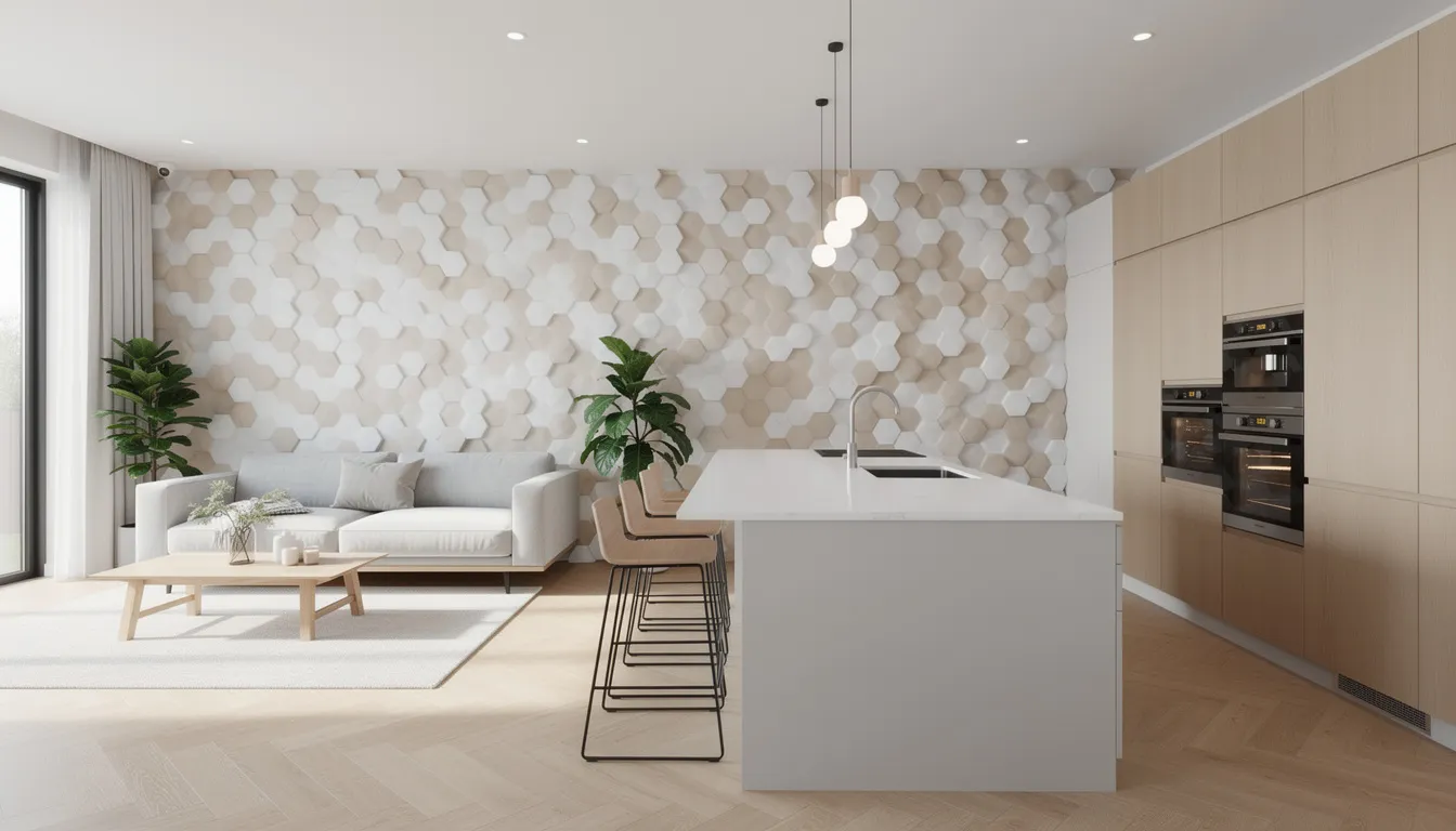 Een open woonkeuken in een nieuwbouwwoning met hexagon wandpanelen als accentmuur, die een luxe uitstraling en een rustige sfeer creëren. De unieke zeshoekige vorm van de hexagon akoestische panelen biedt niet alleen esthetiek, maar ook akoestische oplossingen voor een betere geluidsbeleving.