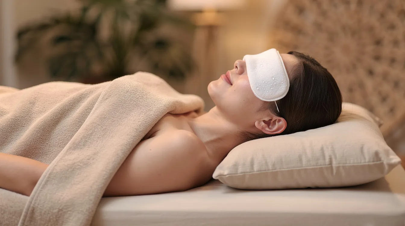 Una persona está recostada en un ambiente de descanso, con una compresa fría sobre los ojos cerrados, sugiriendo un proceso de recuperación tras una cirugía de blefaroplastia. El ambiente tranquilo refleja la importancia de la atención postoperatoria tras una cirugía de párpados inferiores.