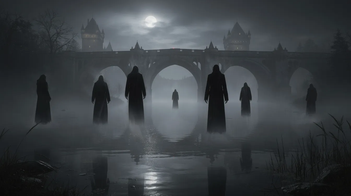 Dunkle, geisterhafte Gestalten in schwarzen Umhängen schweben über einem nebligen See, während im Hintergrund eine große Brücke und die Silhouetten von Türmen zu sehen sind. Diese mystische Szenerie erinnert an die geheimnisvollen Abenteuer aus der Harry Potter Reihe, in der Zauberei und Gespenster eine zentrale Rolle spielen.