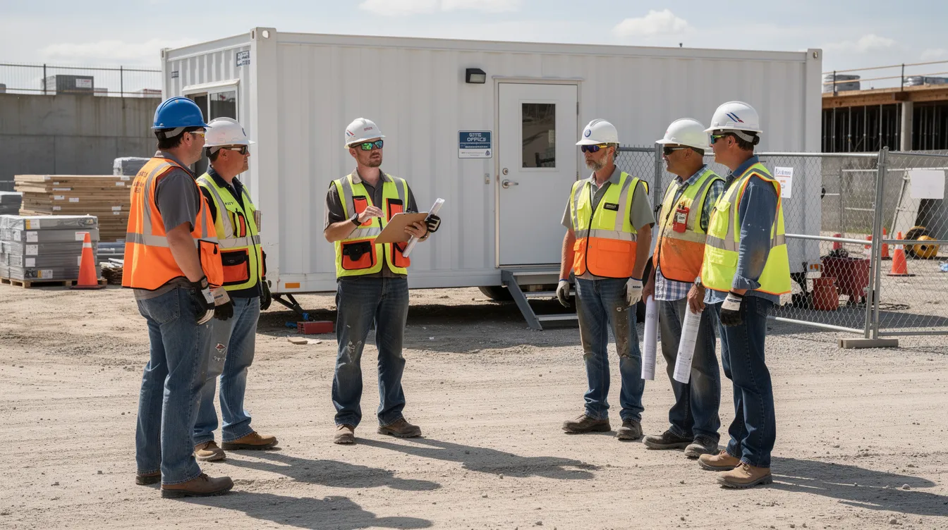 A field supervisor is leading a toolbox talk with a small crew of workers gathered near a job trailer on a construction site, emphasizing the importance of safety practices and continuous improvement to mitigate risks and ensure a strong safety culture. The discussion highlights potential hazards and reinforces the commitment to workplace safety and occupational health among the team.